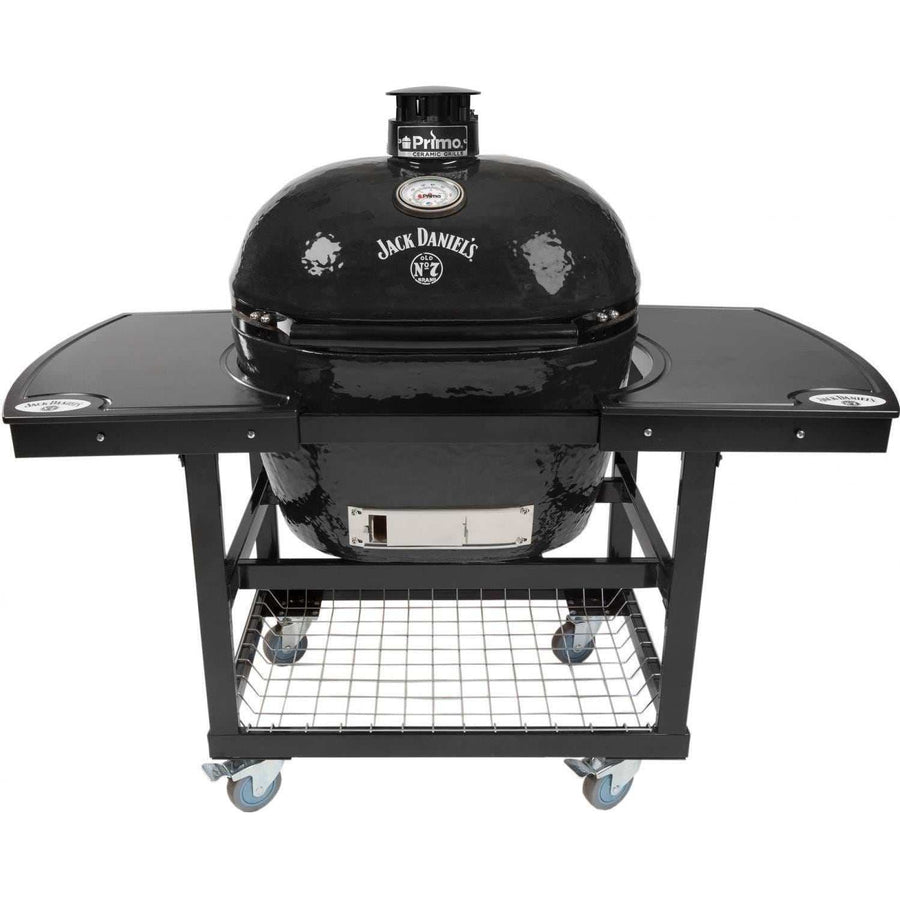 Primo Jack Daniels Edition Oval XL 400 Ceramic Kamado Grill On Steel Cart With 2-Piece Island Side Shelves And Stainless Steel Grates