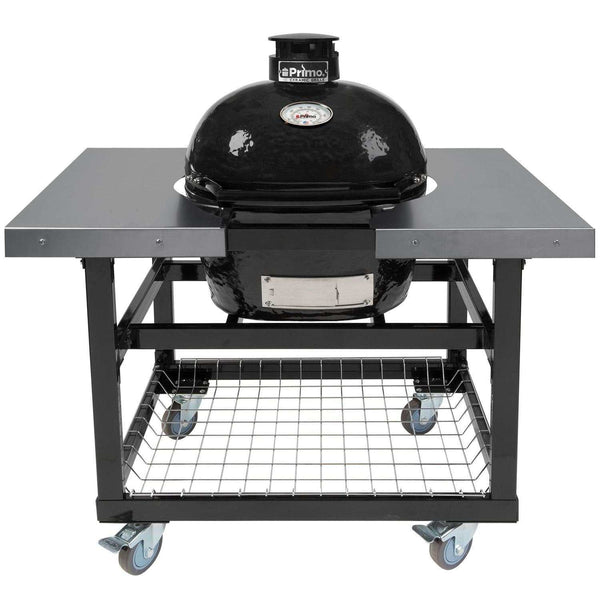 Primo Oval Junior 200 ceramic kamado grill on steel cart with stainless steel grates and side tables