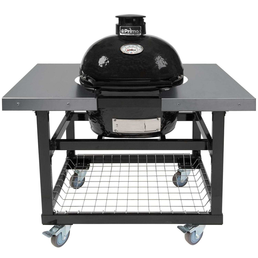 Primo Oval Junior 200 Ceramic Kamado Grill On Steel Cart With Side Tables And Stainless Steel Grates