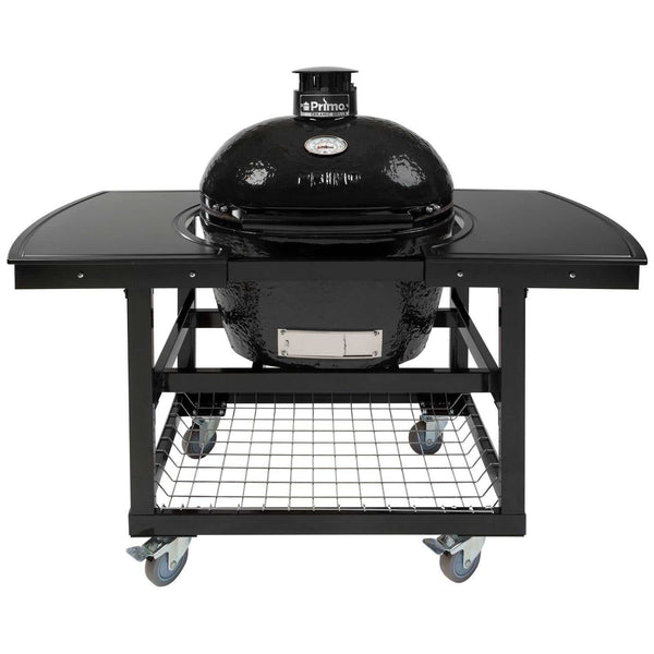Primo Oval Large black ceramic kamado grill on steel cart with side shelves and stainless steel grates