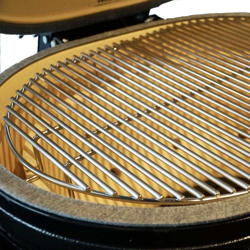 Primo Oval XL 400 Ceramic Kamado Grill On Curved Cypress Table With Stainless Steel Grates - ExceptionalFire