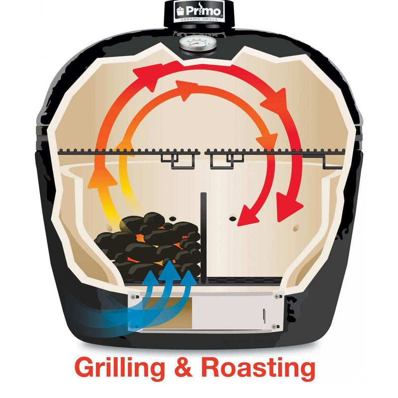 Primo Oval XL 400 Ceramic Kamado Grill On Curved Cypress Table With Stainless Steel Grates - ExceptionalFire