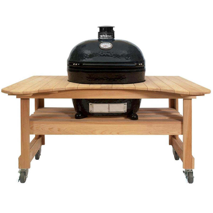 Primo Oval XL 400 Ceramic Kamado Grill On Curved Cypress Table With Stainless Steel Grates