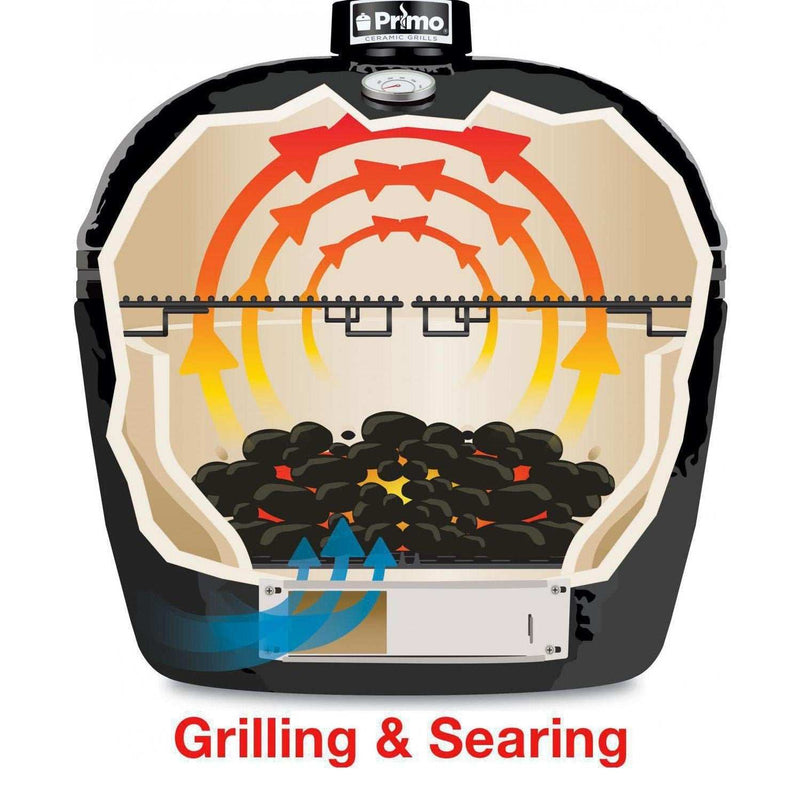 Primo Oval XL 400 Ceramic Kamado Grill On Curved Cypress Table With Stainless Steel Grates - ExceptionalFire