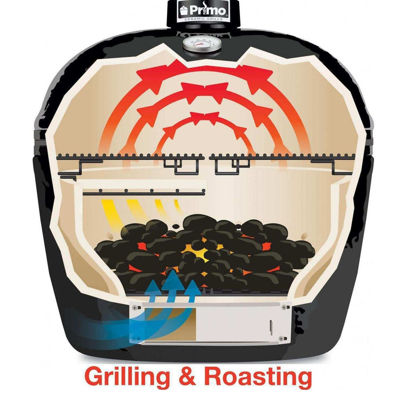 Primo Oval XL 400 Ceramic Kamado Grill On Curved Cypress Table With Stainless Steel Grates - ExceptionalFire