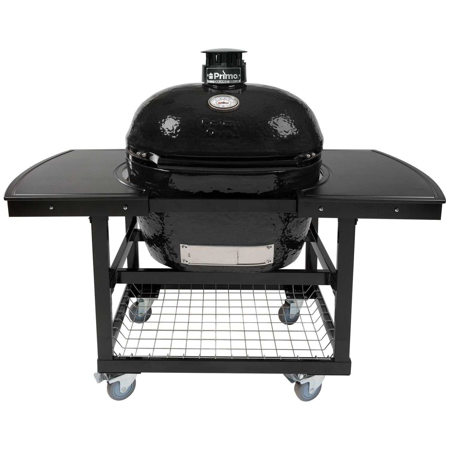 Primo Oval XL 400 Ceramic Kamado Grill On Steel Cart With 2-Piece Island Side Shelves And Stainless Steel Grates