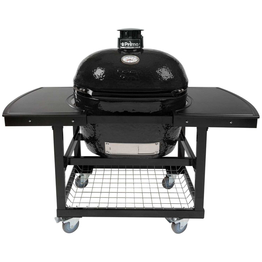 Primo Oval XL 400 Ceramic Kamado Grill On Steel Cart With 2-Piece Island Side Shelves And Stainless Steel Grates