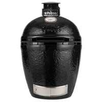Primo Round Ceramic Kamado Grill in black with cast aluminum vent and stainless steel components