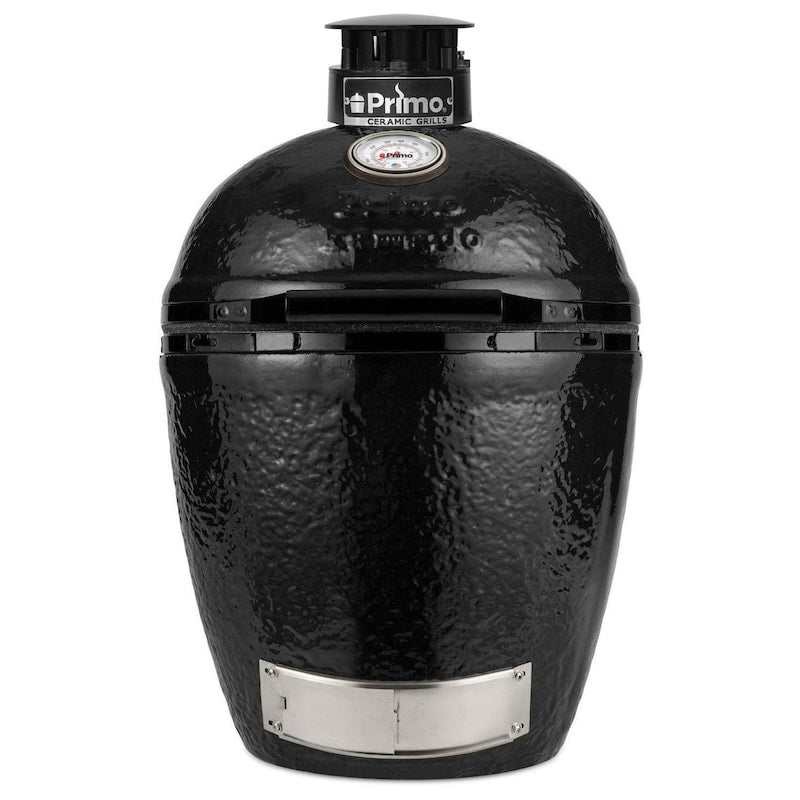 Primo Round Ceramic Kamado Grill in black with cast aluminum vent and stainless steel components