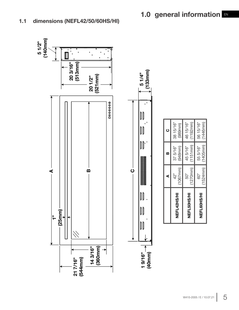 Napoleon Purview 42 dimension diagram — use NEFL42HI row in manufacturer table