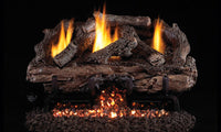 Real Fyre 30" Peterson Charred Aged Split Outdoor Ventless Gas Logs — original product reference. Arrangement and burner hardware vary by selected size and configuration.