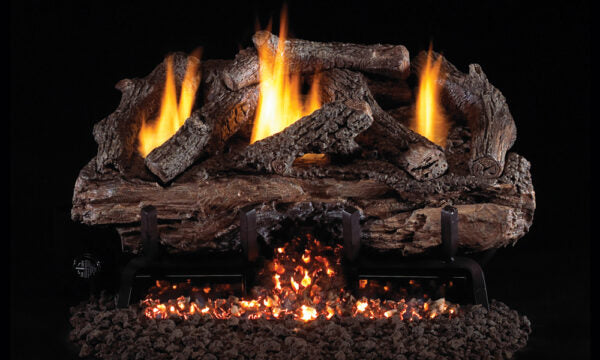 Real Fyre 30" Peterson Charred Aged Split Outdoor Ventless Gas Logs — original product reference. Arrangement and burner hardware vary by selected size and configuration.