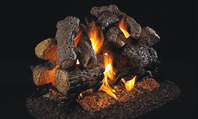 Real Fyre 18/20" Charred Royal English Oak See-Through Vented Gas Log Set — original product reference. Arrangement and burner hardware vary by selected size and configuration.