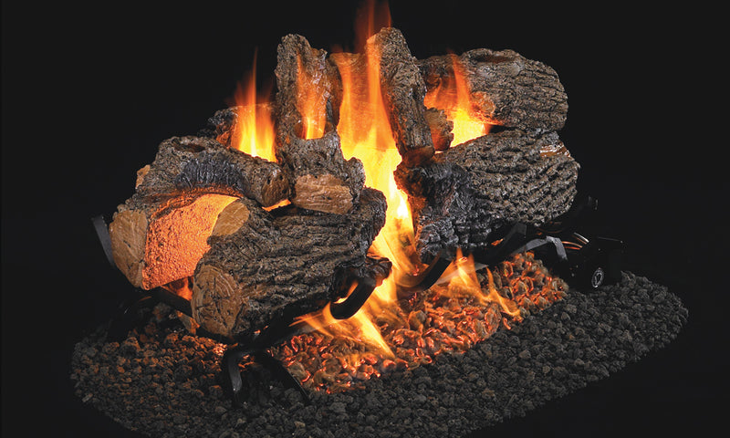 Real Fyre 30" Charred Oak See-Through Vented Gas Log Set — original product reference. Arrangement and burner hardware vary by selected size and configuration.