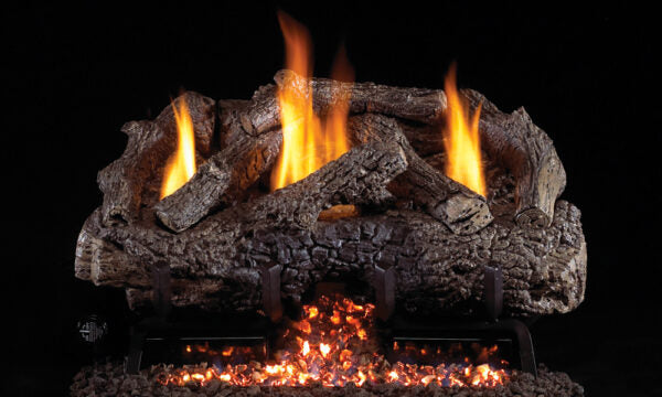 Real Fyre 16" Peterson Charred Frontier Oak Ventless Gas Logs — original product reference. Arrangement and burner hardware vary by selected size and configuration.