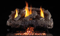 Real Fyre 18" Peterson Charred Frontier Oak Ventless Gas Logs — original product reference. Arrangement and burner hardware vary by selected size and configuration.