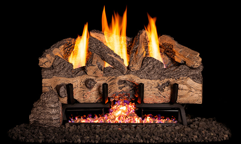 Real Fyre 16/18" Charred Gnarled Split Vent-Free Gas Log Set — original product reference. Arrangement and burner hardware vary by selected size and configuration.