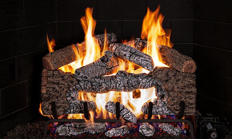 Real Fyre 18" Charred Cinder Oak Vented Gas Log Set — original product reference. Arrangement and burner hardware vary by selected size and configuration.
