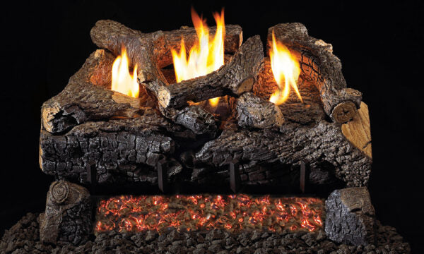 Real Fyre 24" Peterson Evening Fyre Charred Ventless Gas Logs — original product reference. Arrangement and burner hardware vary by selected size and configuration.