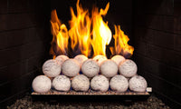 Real Fyre Carrera Marble 4-inch spheres — manufacturer color reference, not the exact 36-inch PB burner assembly; install 28 spheres, 28 supplied.