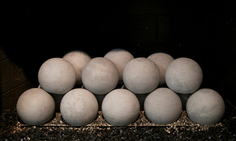 Real Fyre 24" 4-inch Graystone Fyre Spheres Vented Set — original product reference. Arrangement and burner hardware vary by selected size and configuration.