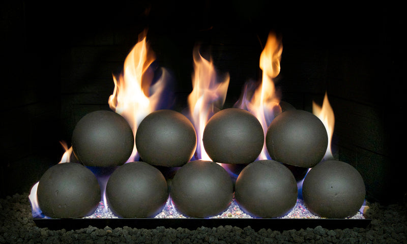 Real Fyre 18" 5-inch Epic Black Fyre Spheres Vented Set — original product reference. Arrangement and burner hardware vary by selected size and configuration.
