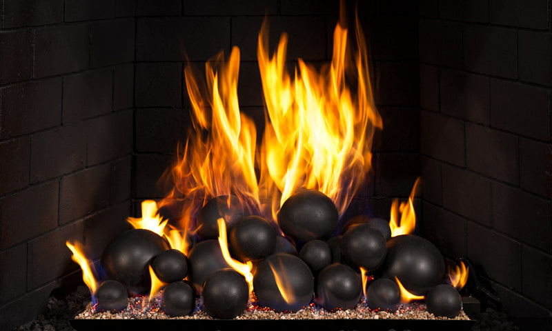 Real Fyre 18" Mixed Select Epic Black Fyre Spheres Vented Set — original product reference. Arrangement and burner hardware vary by selected size and configuration.