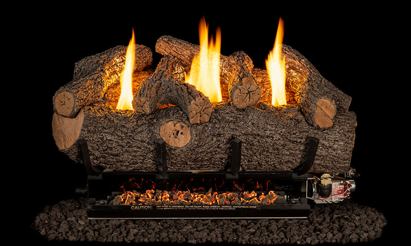 Real Fyre 24" Meadow Oak Vent-Free Gas Log Set — original product reference. Arrangement and burner hardware vary by selected size and configuration.
