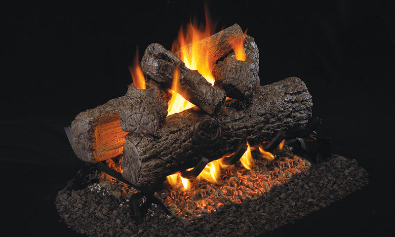 Real Fyre 42" Golden Oak See-Through Vented Gas Log Set — original product reference. Arrangement and burner hardware vary by selected size and configuration.