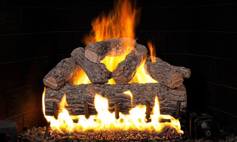 Real Fyre 18" Golden Oak Designer Plus Enhanced Vented Gas Log Set — original product reference. Arrangement and burner hardware vary by selected size and configuration.