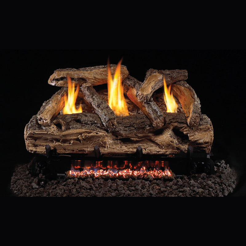 Real Fyre 20" Split Oak Ventless Gas Logs — original product reference. Arrangement and burner hardware vary by selected size and configuration.