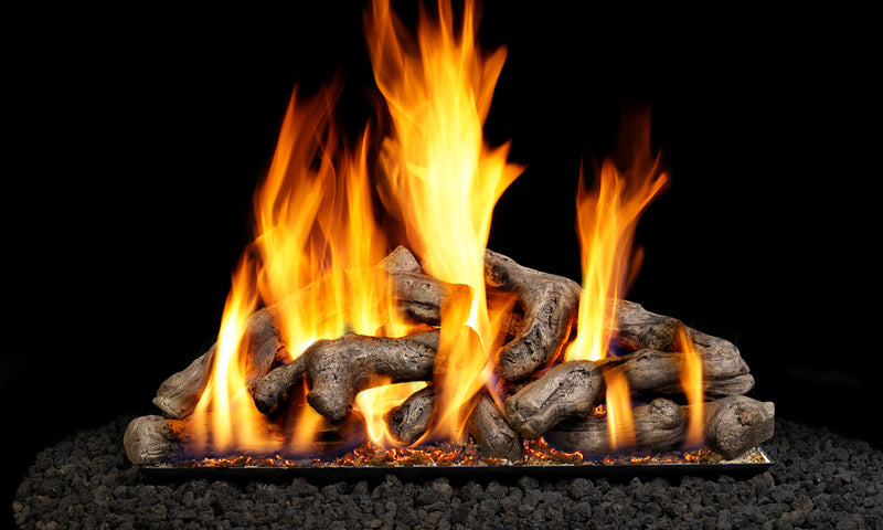 Real Fyre 18" Shoreline Driftwood Vented Gas Log Set — original product reference. Arrangement and burner hardware vary by selected size and configuration.
