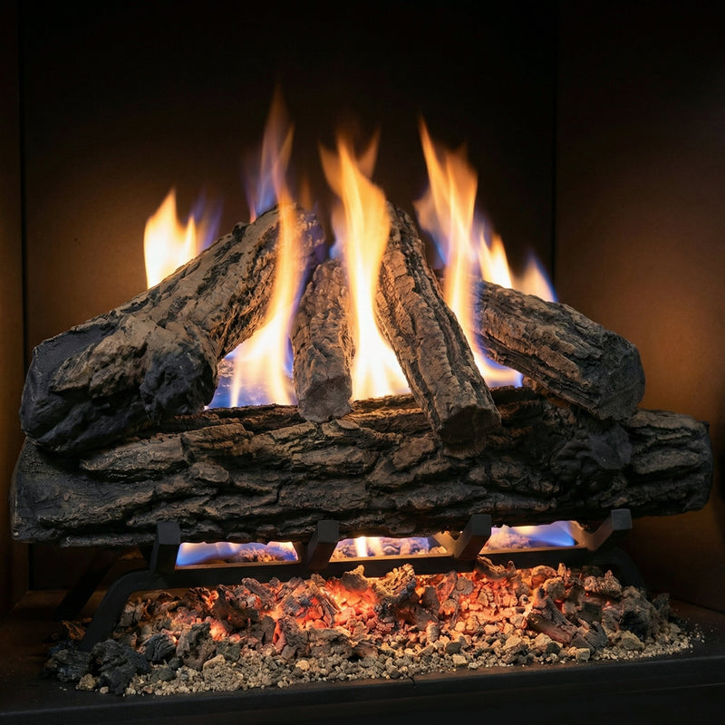 24" Country Oak Gas Log Set with realistic ceramic logs and glowing embers for vented fireplaces