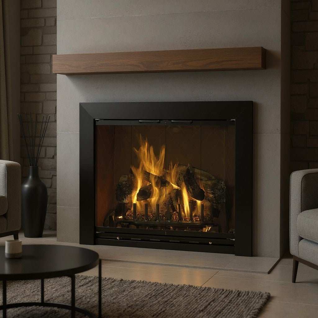 Reflection Flat Black Masonry Fireplace Door | Standard Sizes - ExceptionalFire