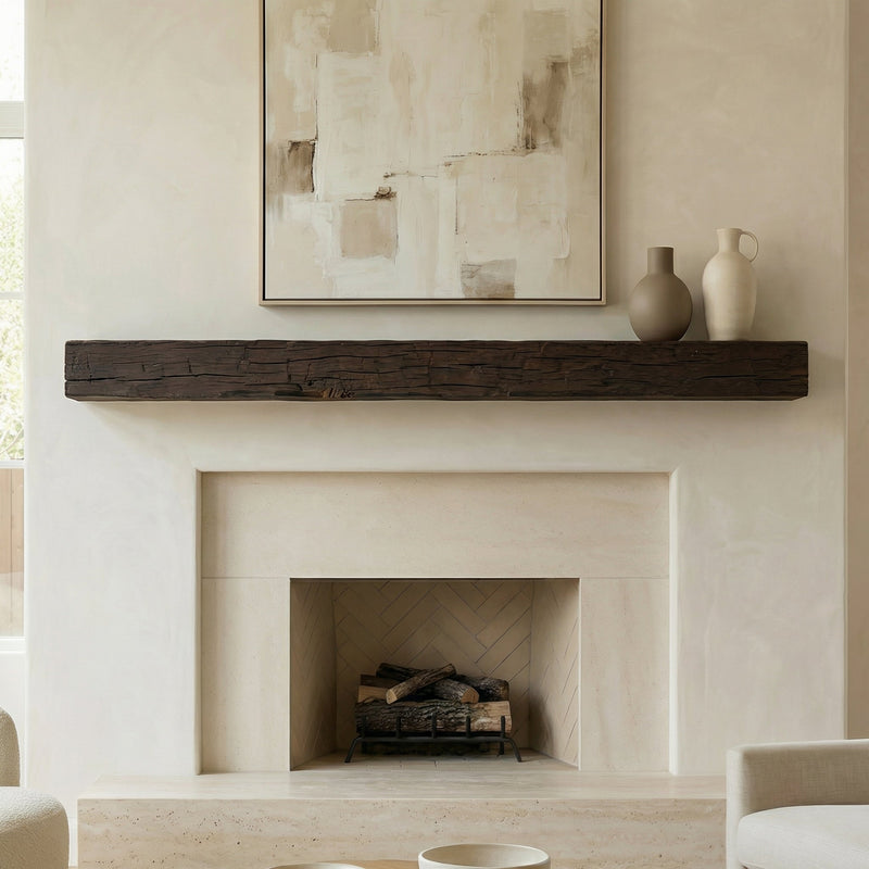 Smokehouse Non-Combustible Concrete Mantel Shelf with rustic roasted chestnut finish and hand-hewn barn timber style.