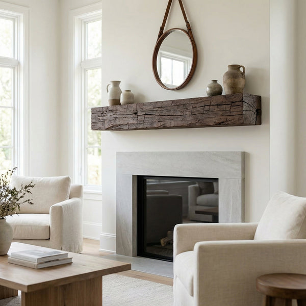 Tobacco non-combustible concrete mantel shelf with roasted chestnut reclaimed barn timber finish