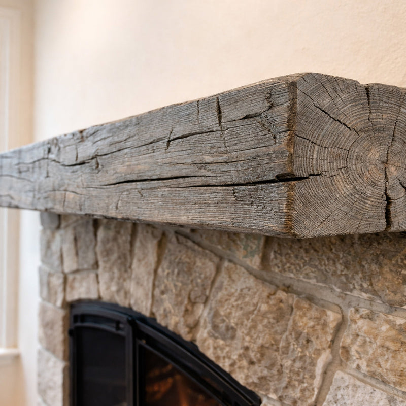 Smokehouse Non-Combustible concrete mantel shelf with weathered grey, hand-hewn rustic barn timber design