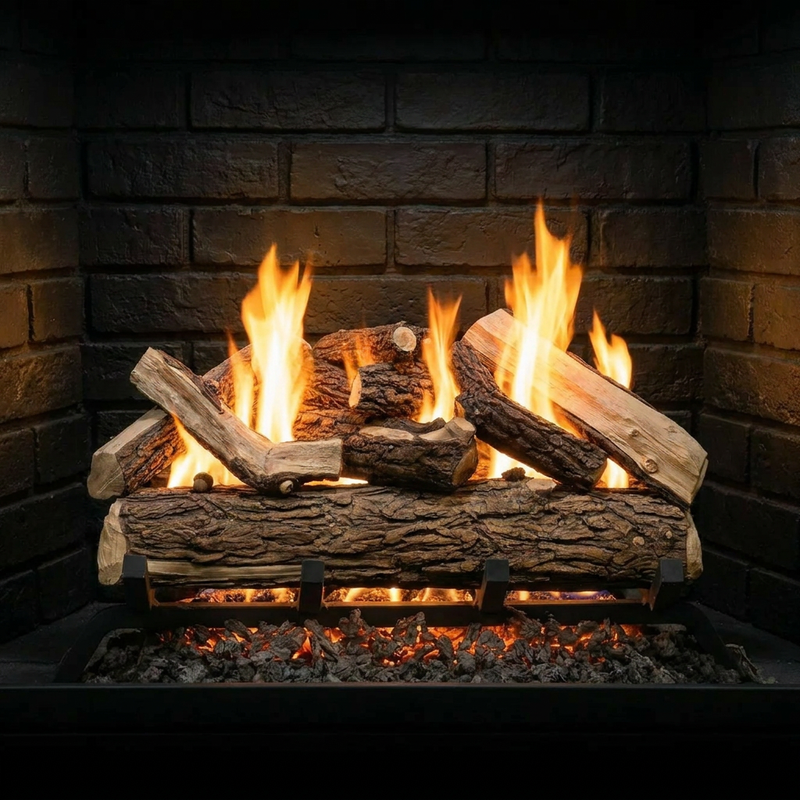 Country Oak 48 inch vented ceramic gas log set in fireplace