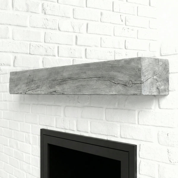 Grist Mill mantel shelf in weathered grey finish with detailed woodgrain and non-combustible concrete design