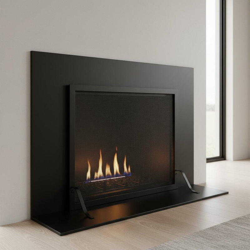 Free standing fireplace screen with solid steel frame and heavy gauge mesh, custom made in Wisconsin