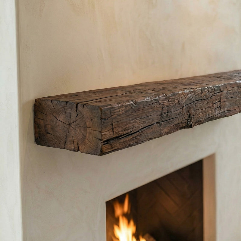 Smokehouse Non-Combustible concrete fireplace mantel shelf with rustic hand-hewn maduro finish
