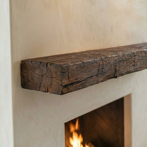 Smokehouse Non-Combustible concrete fireplace mantel shelf with rustic hand-hewn maduro finish