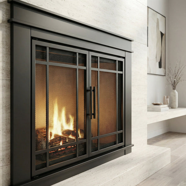 Finley Fireplace Door in hammered black with tempered glass and bi-fold steel doors for masonry fireplaces