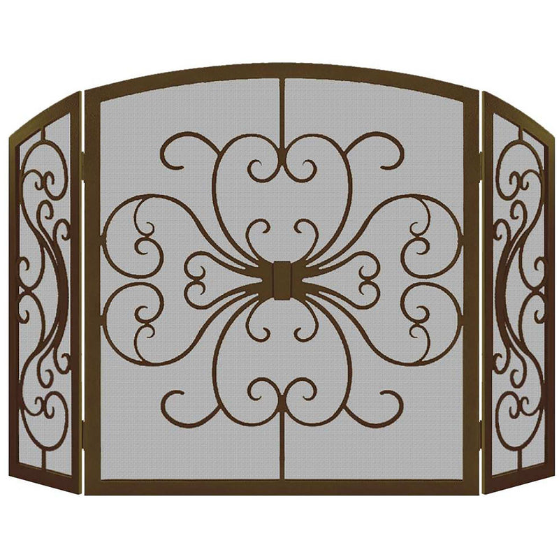 Victorian Scroll steel folding fireplace screen with hand-formed scrollwork and trifold design