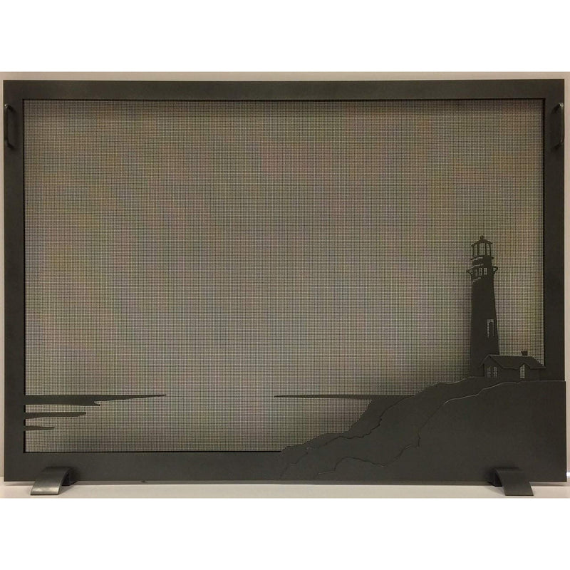 Steel custom single panel fireplace screen with solid steel frame and heavy gauge mesh