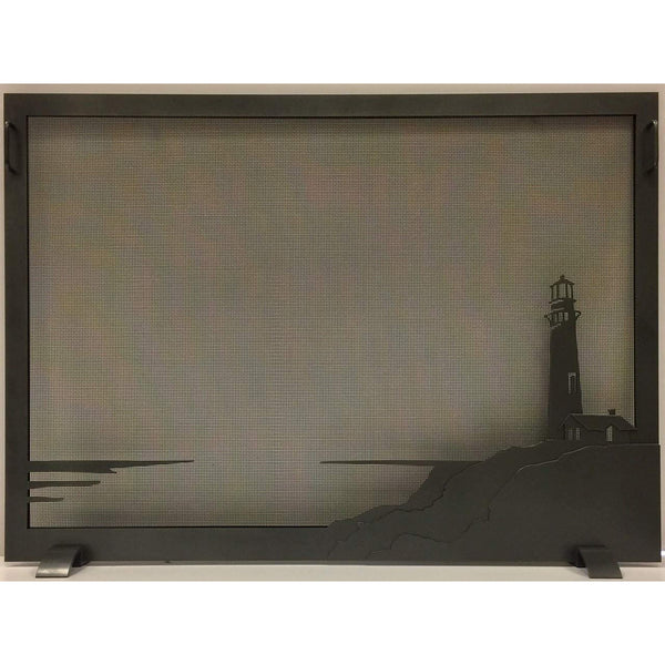 Steel custom single panel fireplace screen with solid steel frame and heavy gauge mesh