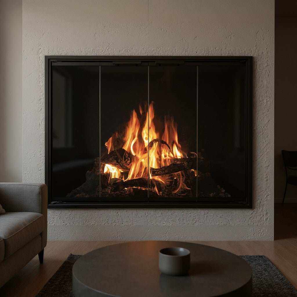 Modern Stiletto Cutback fireplace doors with black aluminum frame