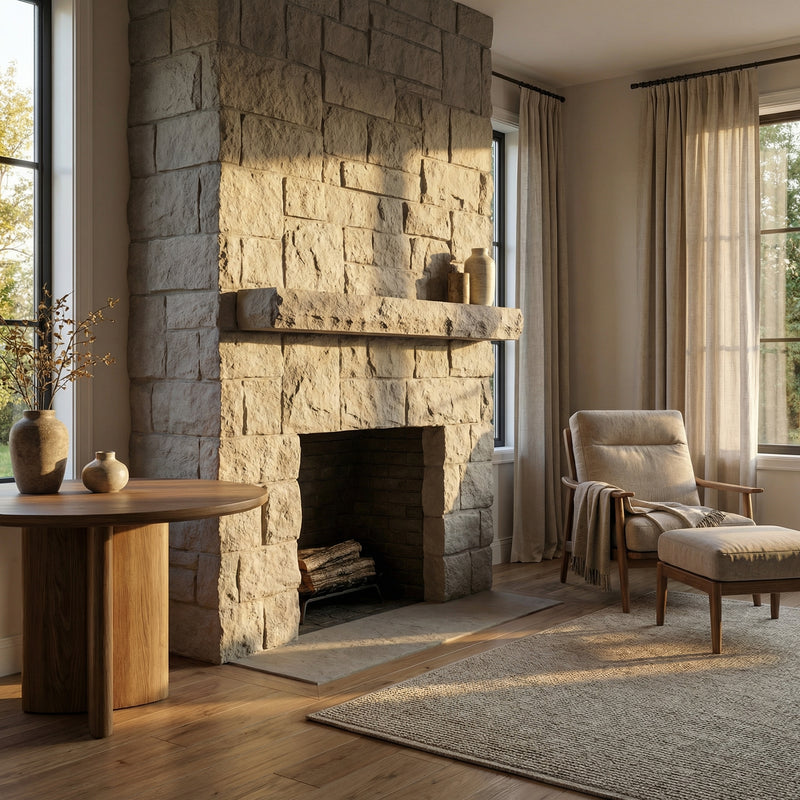 Rockface Stone Non-Combustible Concrete Mantel Shelf Bluegrass Fog Finish