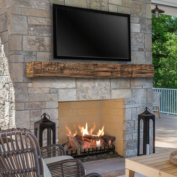 Tavern Timbered Beam Non-Combustible Mantel Shelf Fieldstone finish - ExceptionalFire
