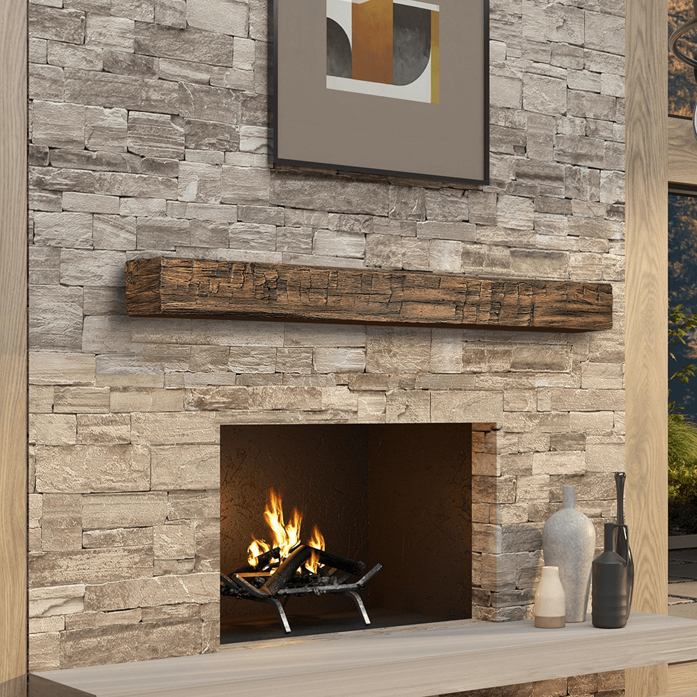 Tavern Timbered Beam Non-Combustible Mantel Shelf Fieldstone finish - ExceptionalFire